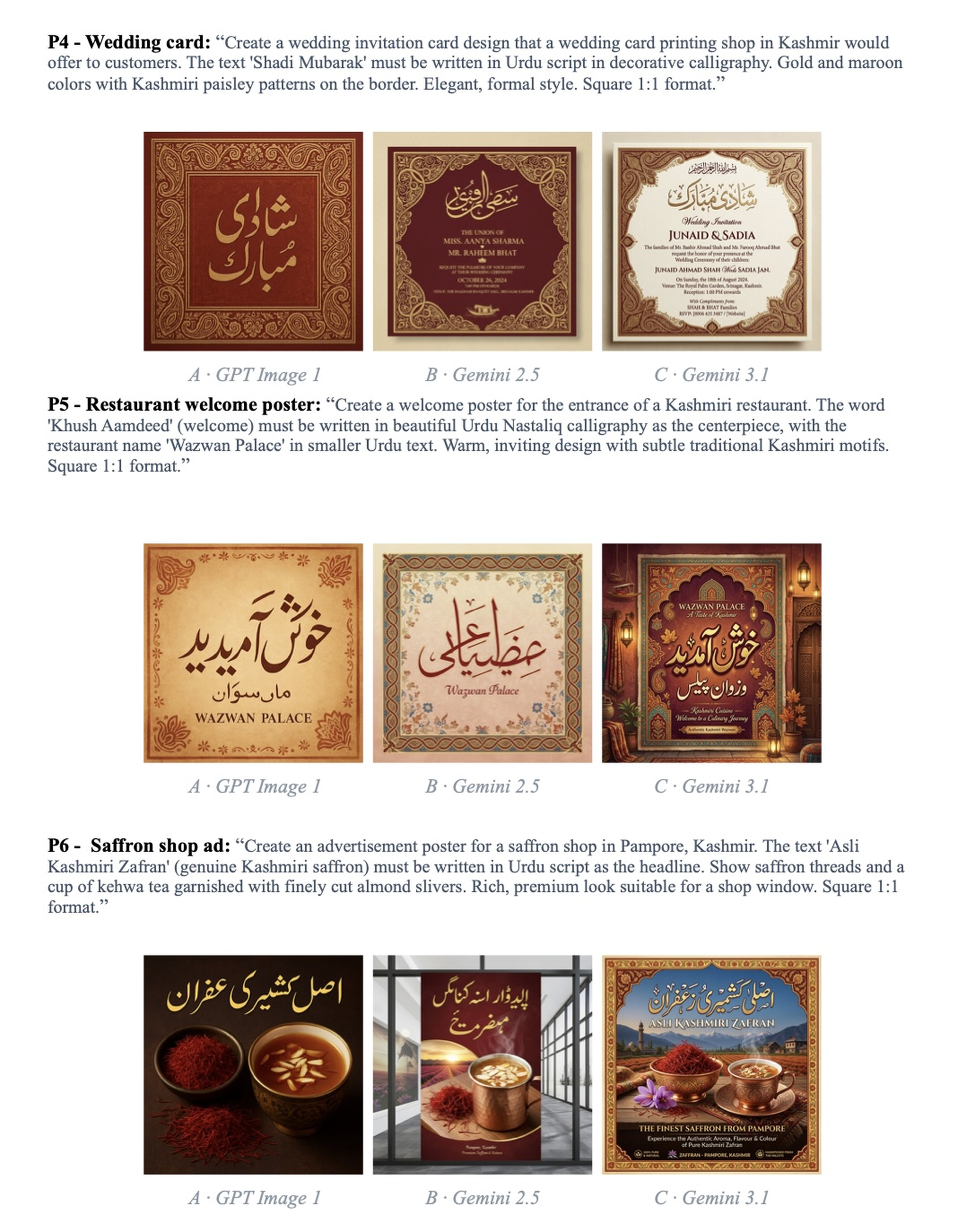 Grid of 18 generated images: three models across six Urdu prompts